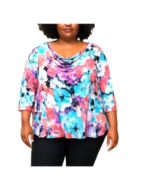 Investments II 1X Blue Floral Sleeves Women's Top Shirt Blouse Plus Size 14W 16W